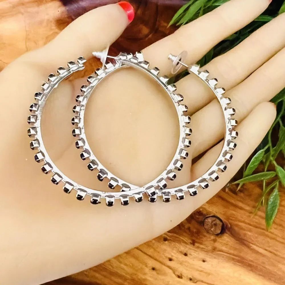 Huge Open Hoop Earrings Silver  Tone Black Rhinestones Elegant Fancy 4088